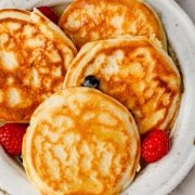 Overhead view of a plate with fluffy 3-ingredient pancakes.
