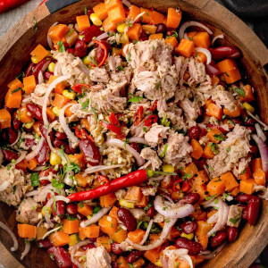 Overhead view of a bowl filled with spicy tuna salad.