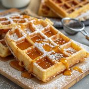 The image shows golden, fluffy waffles drizzled with syrup and dusted with powdered sugar, served on a wooden board.