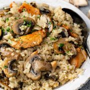 A plate of Chicken and Rice with Cream of Mushroom Soup.
