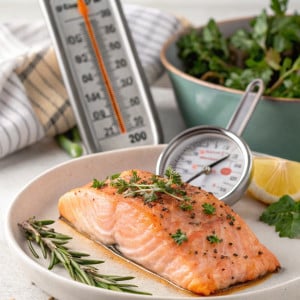 Thermometer and cooked Salmon.