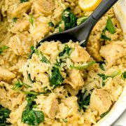 Chicken and rice with spinach and lemon.