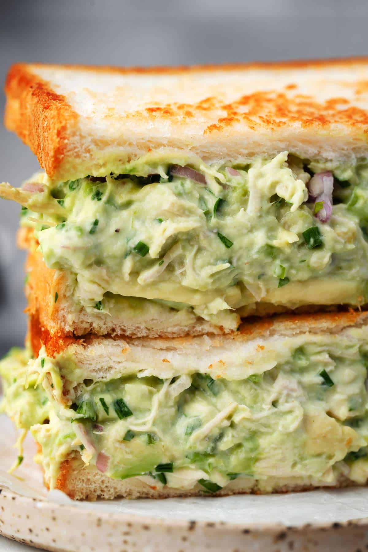 Close-up of a toasted chicken avocado sandwich, showing creamy filling with herbs, onion, and avocado.