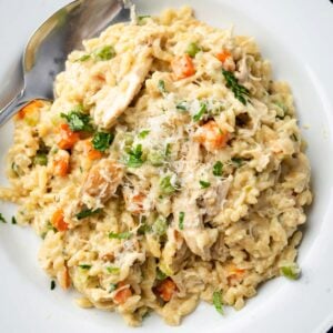 Creamy Chicken Pot Pie Orzo served on a white plate with a spoon, featuring tender chicken, carrots, peas, and orzo pasta topped with grated parmesan and fresh parsley.