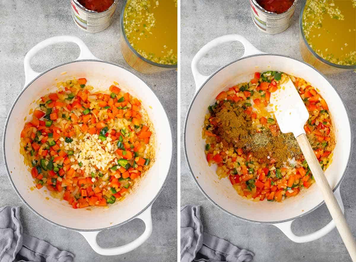 Cooking vegetables for Mexican chicken orzo soup: sautรฉed onions, carrots, and peppers with added garlic, followed by spices being stirred into the pot.
