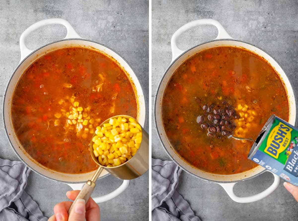 Adding corn and black beans to a simmering pot of Mexican chicken orzo soup during the cooking process.