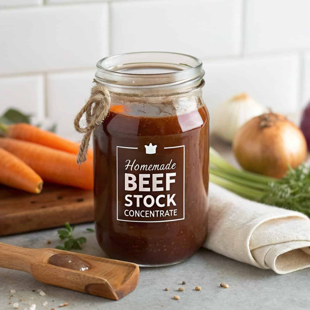 Homemade beef stock concentrate in a glass jar with carrots, onion, and herbs on a kitchen counter.