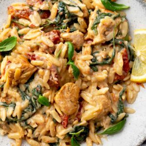 Creamy marry me chicken orzo with sun-dried tomatoes and spinach on a white plate.