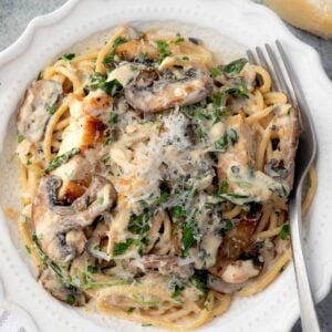 Creamy chicken and mushroom pasta with spaghetti, fresh spinach, and grated Parmesan cheese in a white bowl, topped with parsley and rich garlic cream sauce.