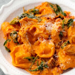 Creamy chicken tortellini with spinach and sun-dried tomatoes in a rich tomato cream sauce, topped with grated Parmesan on a white plate.