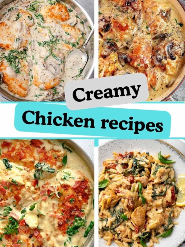 Creamy chicken recipes collage with garlic chicken, mushroom chicken, and creamy orzo skillet meals.