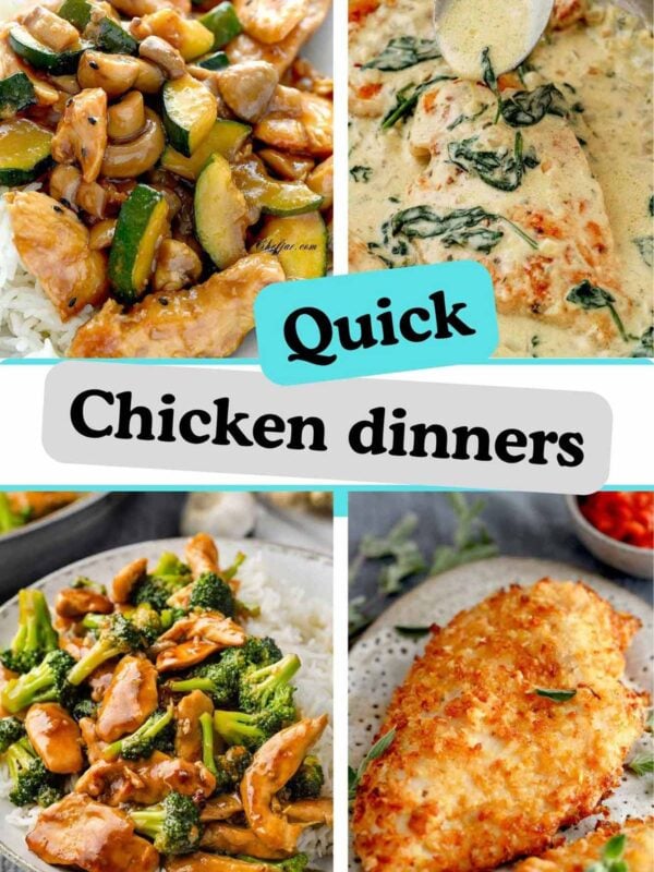 Quick chicken dinners collage with stir fry, creamy chicken, broccoli chicken, and crispy baked chicken breast