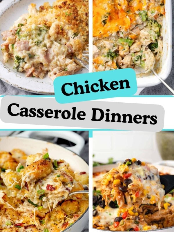 Collage of creamy and cheesy chicken casserole dinners including broccoli, rice, bacon, and Mexican-style chicken casseroles.
