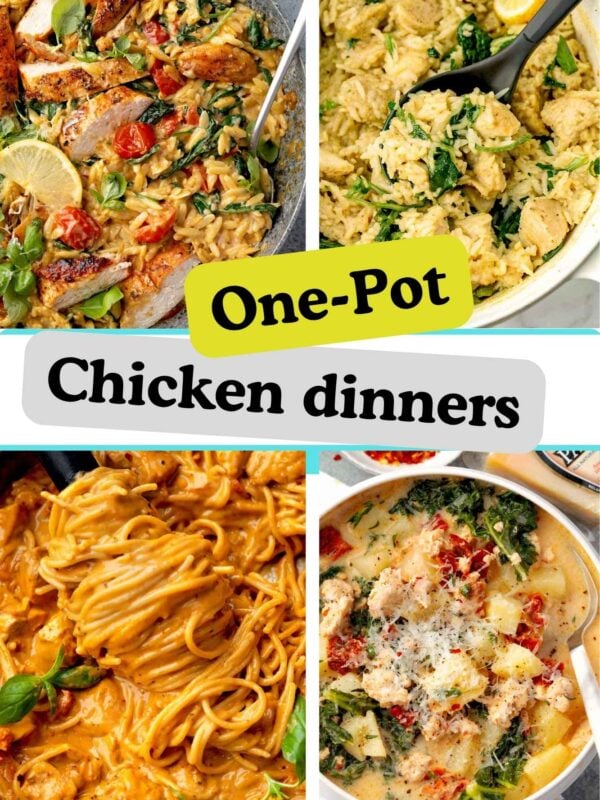 One-pot chicken dinners collage featuring creamy chicken orzo, chicken and rice, pasta, and soup recipes.