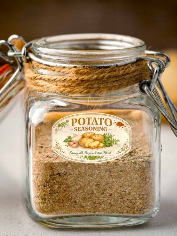 Potato seasoning blend stored in a glass spice jar, featuring a homemade all-purpose seasoning mix for roasted potatoes, fries, and vegetables.